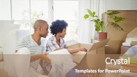  Presentation with factory opening - Colorful presentation design enhanced with moving bubbles - happy couple opening boxes backdrop and a coral colored foreground