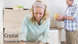  Presentation with box - Beautiful slides featuring moving bubbles - smiling woman packing mug backdrop and a  colored foreground