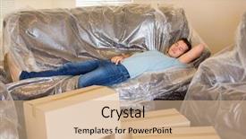  Presentation with lonely man new zealand tourists - Slide deck featuring moving bubbles - tired man sleeping on couch background and a  colored foreground