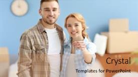  Presentation with happy new year 2022 - Slides enhanced with moving clock background - young happy couple holding keys background and a  colored foreground