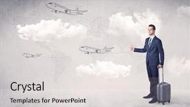  Presentation with airplane night sky cloud - PPT layouts having moving clouds - businessman hitchhiking with flying airplanes background and a sky blue colored foreground