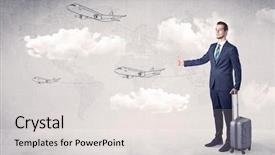  Presentation with cloud - Slide deck with moving clouds - businessman hitchhiking with flying airplanes background and a sky blue colored foreground
