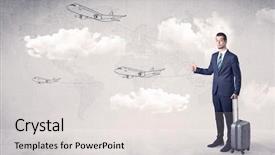  Presentation with airplane night sky cloud - Audience pleasing PPT theme consisting of moving clouds - businessman hitchhiking with flying airplanes backdrop and a sky blue colored foreground