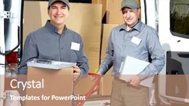  Presentation with shipping - Theme featuring cargo handling - delivery man near shipping truck background and a coral colored foreground