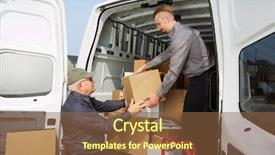  Presentation with cargo - PPT theme featuring men with parcels near cargo background and a tawny brown colored foreground