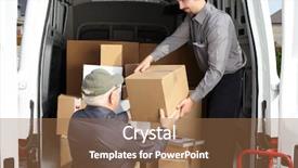  Presentation with shipping - Theme having group of delivery men with parcels near shipping truck parcel service background and a coral colored foreground