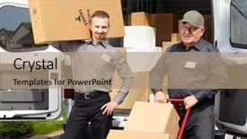  Presentation with shipping - Audience pleasing slide deck consisting of group of delivery men with parcels near shipping truck parcel service backdrop and a coral colored foreground