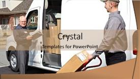  Presentation with shipping - Slide deck having group of delivery men with parcels near shipping truck parcel service background and a coral colored foreground