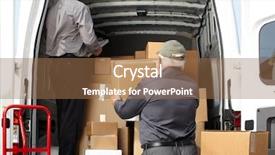  Presentation with shipping - Beautiful PPT theme featuring delivery men with parcel backdrop and a coral colored foreground