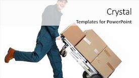  Presentation with box - Audience pleasing PPT layouts consisting of cart postal - running delivery postman with box backdrop and a white colored foreground