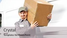  Presentation with young - PPT layouts enhanced with man with parcel near cargo background and a light gray colored foreground