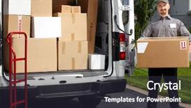  Presentation with cargo - Colorful presentation design enhanced with man with parcel near cargo backdrop and a dark gray colored foreground