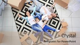  Presentation with cinematography video movie cinema concept - Slide deck consisting of moving concept happy family lying background and a coral colored foreground