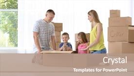  Presentation with boxes - Audience pleasing PPT layouts consisting of moving cutains - happy family unpacking cardboard boxes backdrop and a coral colored foreground