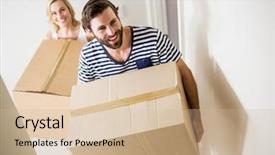  Presentation with moving - Colorful PPT theme enhanced with moving day - couple holding a carton backdrop and a soft green colored foreground