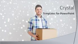  Presentation with moving snow - PPT layouts consisting of moving delivery housing accommodation and people concept - smiling young man with cardboard box at home over snow background and a light gray colored foreground