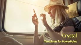  Presentation with mesin mobil - Slide deck with moving europe - woman sitting at train background and a tawny brown colored foreground