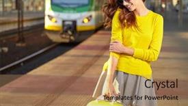  Presentation with group of three young girl - Amazing theme having moving europe - young caucasian girl with luggage backdrop and a coral colored foreground