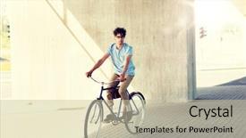  Presentation with man riding big bike motor - Presentation design consisting of moving gears - people style leisure and lifestyle background and a  colored foreground