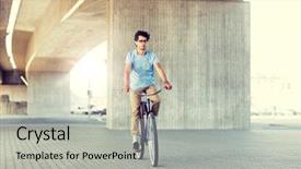  Presentation with man riding big bike motor - Beautiful slide deck featuring moving gears - people style leisure and lifestyle backdrop and a light gray colored foreground