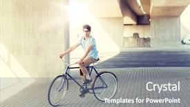  Presentation with man riding big bike motor - Colorful presentation enhanced with moving gears - people style leisure and lifestyle backdrop and a gray colored foreground