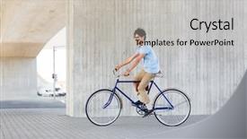  Presentation with man riding big bike motor - Beautiful slides featuring moving gears - people style leisure and lifestyle backdrop and a light gray colored foreground
