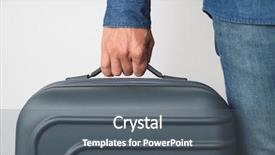  Presentation with suitcase - Slide deck with expatriate - closeup of a young caucasian background and a gray colored foreground