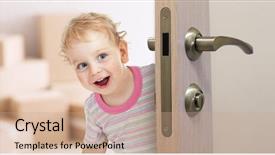  Presentation with room - Colorful presentation design enhanced with happy kid behind door backdrop and a coral colored foreground