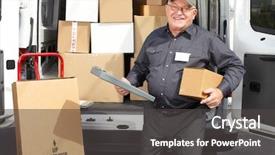  Presentation with techniques of improving health service delivery - Slide deck with ship cargo handling - senior delivery man with parcel background and a dark gray colored foreground