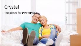  Presentation with cinematography video movie cinema concept - Beautiful slide deck featuring moving home and couple concept - smiling couple relaxing on sofa in new home backdrop and a white colored foreground
