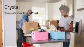  Presentation with new home sales - Slide set enhanced with moving in to new home background and a soft green colored foreground