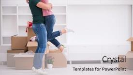  Presentation with young happy couple - Audience pleasing presentation design consisting of moving into a new home backdrop and a light gray colored foreground