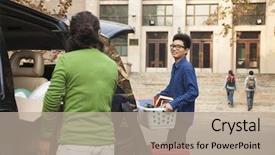  Presentation with college campus - PPT theme consisting of university family learning - young man moving into dormitory background and a mint green colored foreground