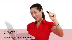  Presentation with key - Beautiful presentation featuring moving music notes - woman holding laptop and usb backdrop and a crimson colored foreground