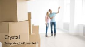  Presentation with bedford stuyvesant brownstones apartment buildings - Presentation consisting of moving packing home - young couple in the apartment background and a  colored foreground