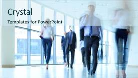  Presentation with moving business - PPT layouts with moving people - businesspeople walking in the corridor background and a sky blue colored foreground