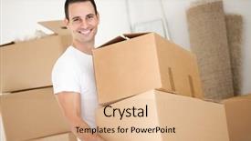  Presentation with young man on the phone - PPT theme consisting of moving people - cheerful young man holding cardboard background and a coral colored foreground