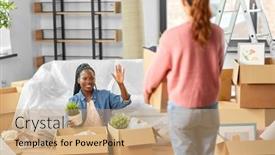  Presentation with real estate - Theme having moving-people-and-real-estate background and a coral colored foreground