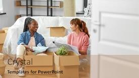  Presentation with real estate - PPT theme featuring moving-people-and-real-estate background and a coral colored foreground