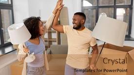  Presentation with lamps - Colorful presentation theme enhanced with moving-people-repair-and-real backdrop and a coral colored foreground