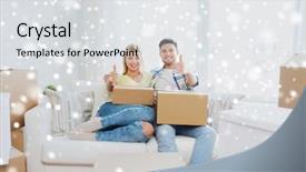  Presentation with moving snow - PPT theme having moving people repair and real estate concept - happy couple with cardboard boxes showing thumbs up on sofa at new home over snow background and a light gray colored foreground