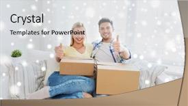  Presentation with moving snow - Theme with moving people repair and real estate concept - happy couple with big cardboard boxes showing thumbs up on sofa at new home over snow background and a light gray colored foreground