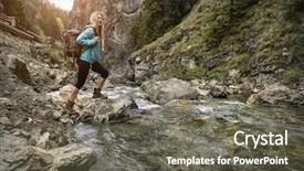  Presentation with hiking - Amazing PPT theme having moving rocks - woman hiking around mountains near backdrop and a gray colored foreground