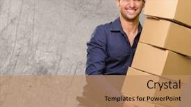  Presentation with car body repairer holding - PPT layouts having moving storage - young man holding stack background and a  colored foreground