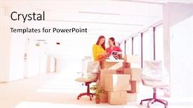  Presentation with new caledonia - Presentation theme with moving sunlight - businesswomen unpacking cardboard boxes background and a cream colored foreground