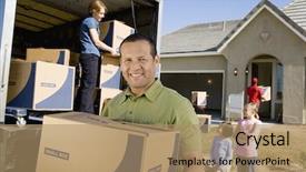  Presentation with delivery van - Cool new slide set with moving truck - portrait of a smiling man backdrop and a coral colored foreground