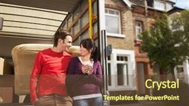  Presentation with new home sales - Audience pleasing slides consisting of moving truck - portrait of young couple backdrop and a tawny brown colored foreground