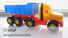  Presentation with earth moving construction - Audience pleasing PPT theme consisting of tipper trucks - toy ttipper truck industrial vehicle backdrop and a light gray colored foreground