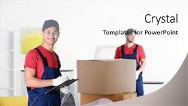  Presentation with furniture - PPT theme having moving yellow light - male workers with boxes background and a  colored foreground