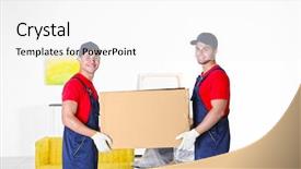  Presentation with furniture - PPT theme having moving yellow light - male workers with boxes background and a  colored foreground